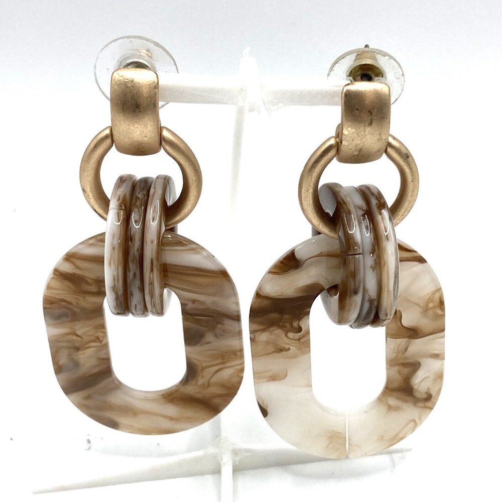 Marbleized Acrylic Drop Dangle Matte Gold Tone Beige‎ Tan 2" Oval  EARRINGS